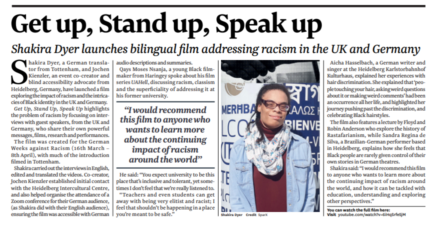 Tottenham community Press article 'Shakira Dyer launches bi-lingual film addressing racism in the UK and Germany'